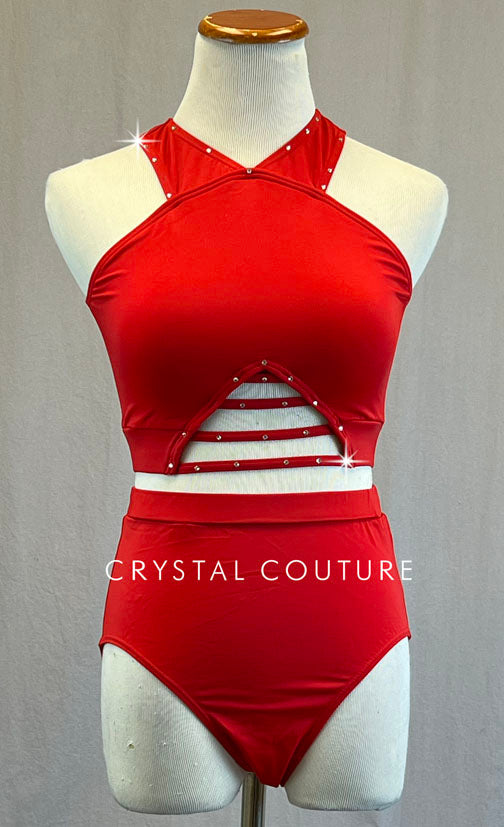 Red Strappy Front Bra Top and Trunks - Rhinestones