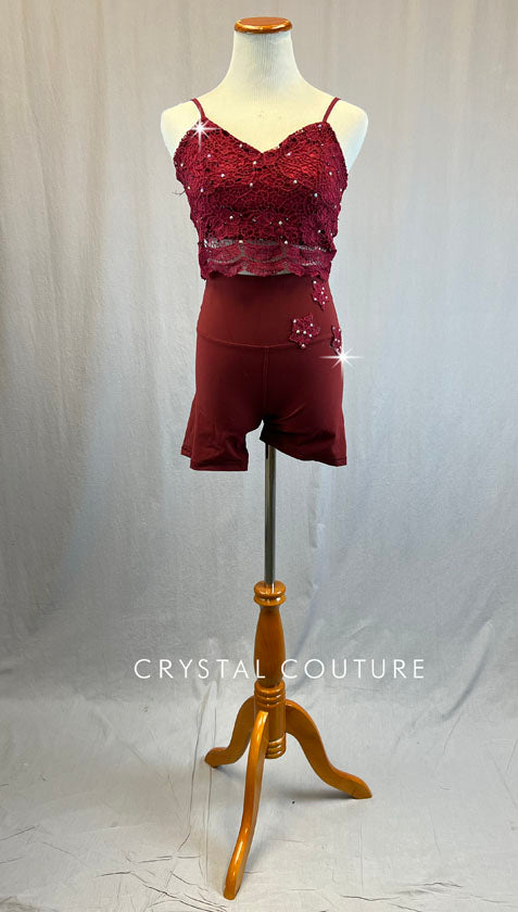 Maroon Lace Bralette Top with Biker Shorts - Rhinestones
