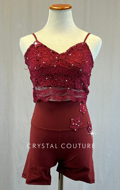 Maroon Lace Bralette Top with Biker Shorts - Rhinestones