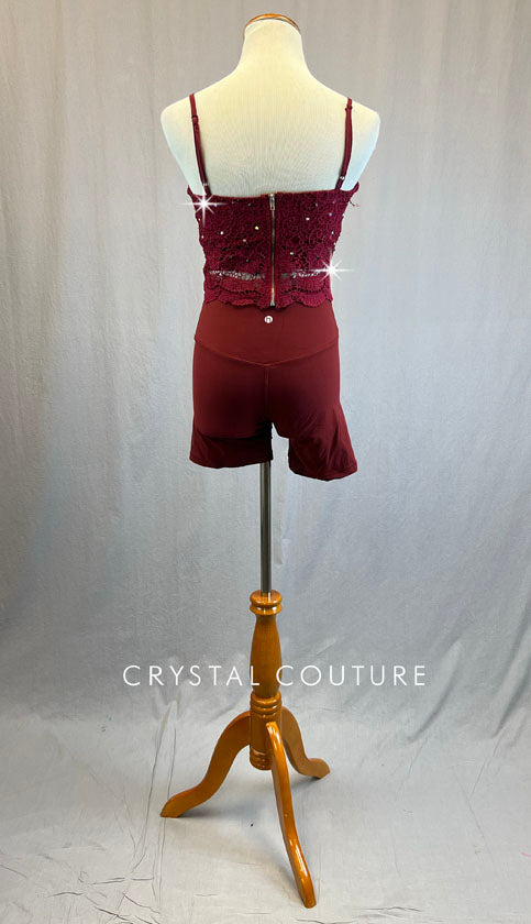 Maroon Lace Bralette Top with Biker Shorts - Rhinestones