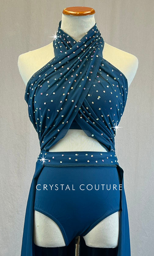 Teal Mesh Wrap Halter Leotard with Long Back Skirt - Rhinestones
