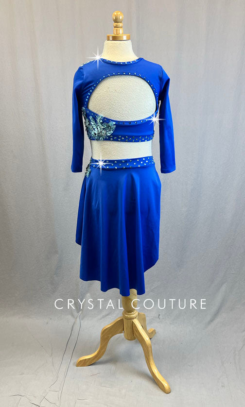 Royal Blue Three Quarter Sleeve Top and Asymmetrical Skirt with Appliques - Rhinestones
