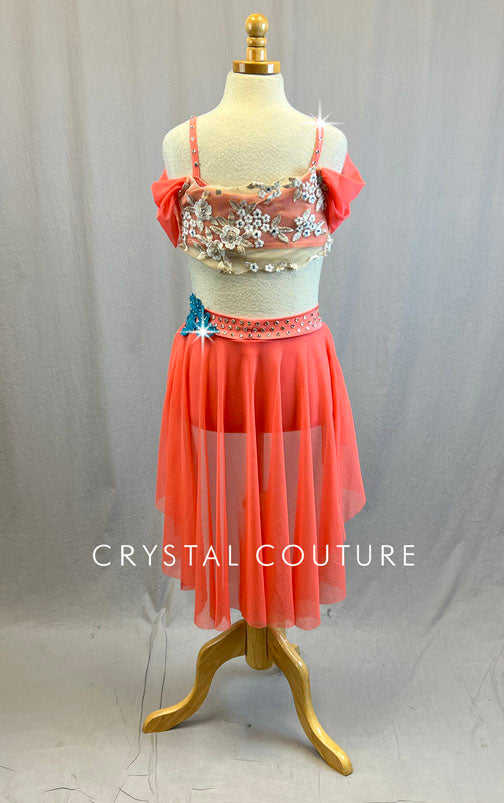 Coral Off Shoulder Top with Ruched Front Skirt and Aqua Appliques - Rhinestones