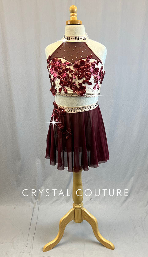 Nude Top with Burgundy Sequin Appliques and Short Burgundy Mesh Skirt Rhinestones