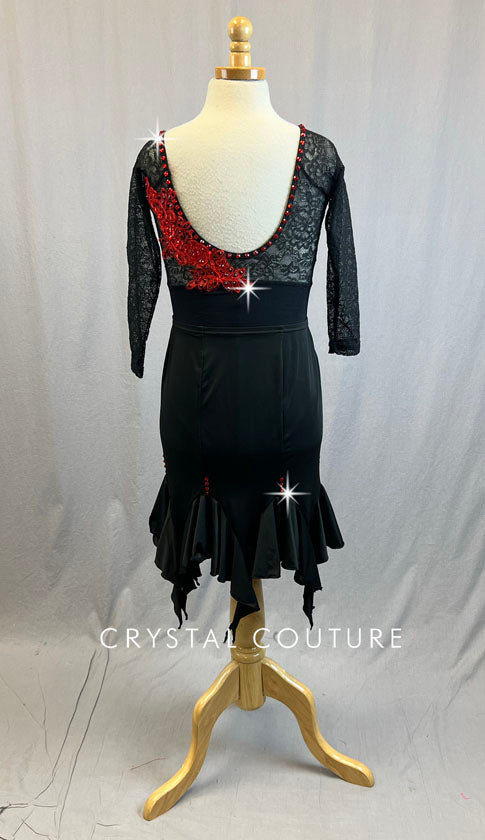 Black Lace Insert Leotard with Latin Skirt & Red Appliques - Rhinestones