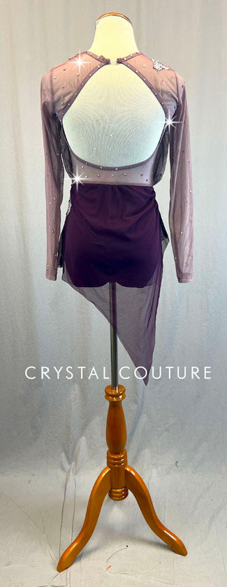 Custom Shades of Purple Long Sleeve Leotard with Asymmetrical Skirt and Appliques - Rhinestones