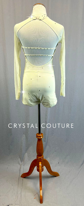 Custom Cream Long Sleeve Biketard with Mesh - Rhinestones