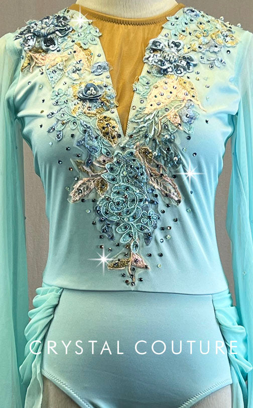 Custom Light Blue Long Sleeve Leotard with Back Mesh Skirt - Appliques & Rhinestones