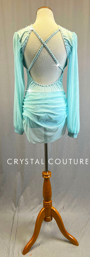 Custom Light Blue Long Sleeve Leotard with Back Mesh Skirt - Appliques & Rhinestones