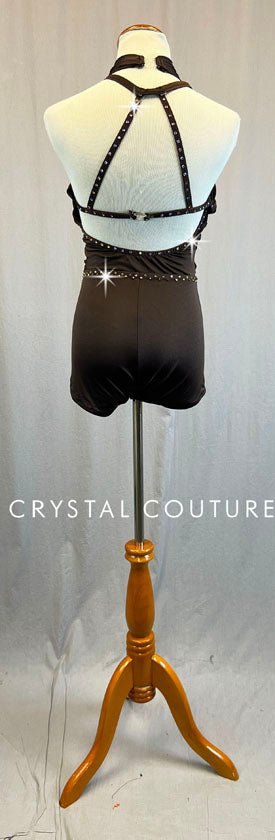 Custom Brown Halter Top Biketard - Appliques & Rhinestones