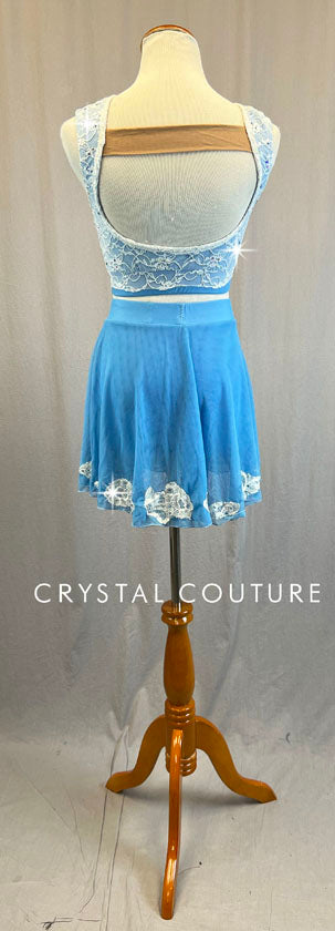Custom Light Blue & Ivory Lace Crop Top & Mesh Skirt - Appliques & Rhinestones