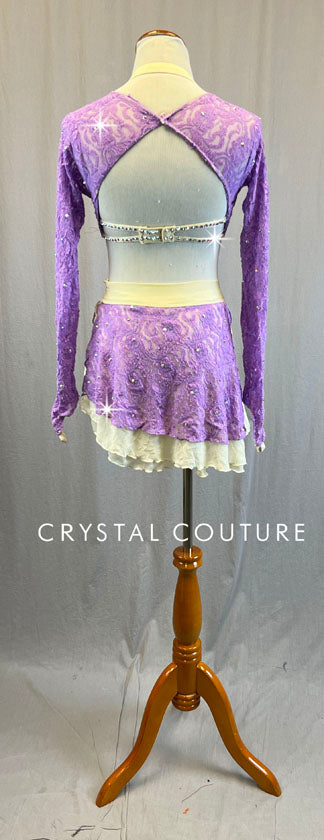 Custom Light Purple & Ivory Lace Long Sleeve Bra Top with Lace Skirt - Rhinestones
