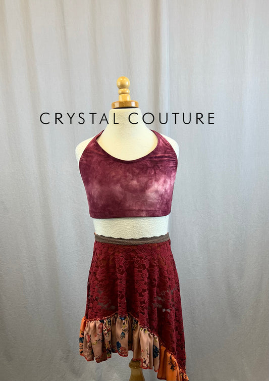 Custom Maroon and Dusty Rose Floral Skirt and Crop Top Three Piece Set