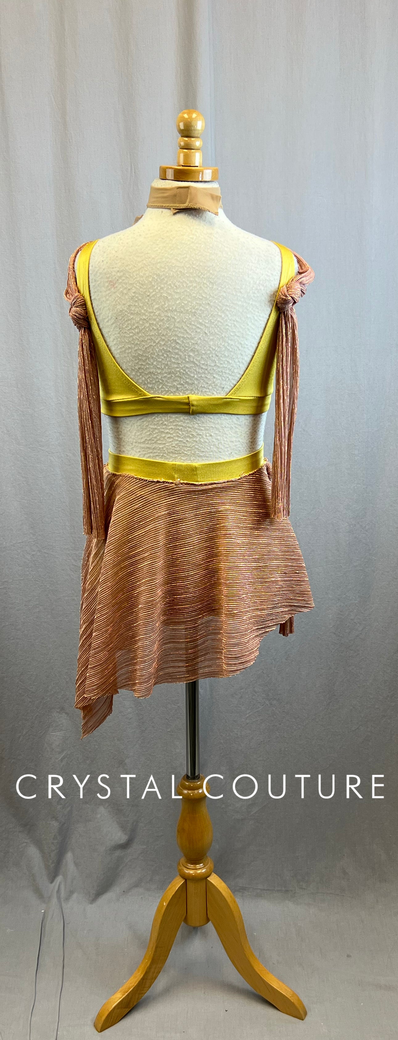 Custom Golden Yellow and Rose Gold Skirt and Crop Top Set - Rhinestones