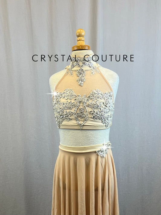 Custom Sand/Tan High Neck Top and Skirt Two-Piece Set - Rhinestones