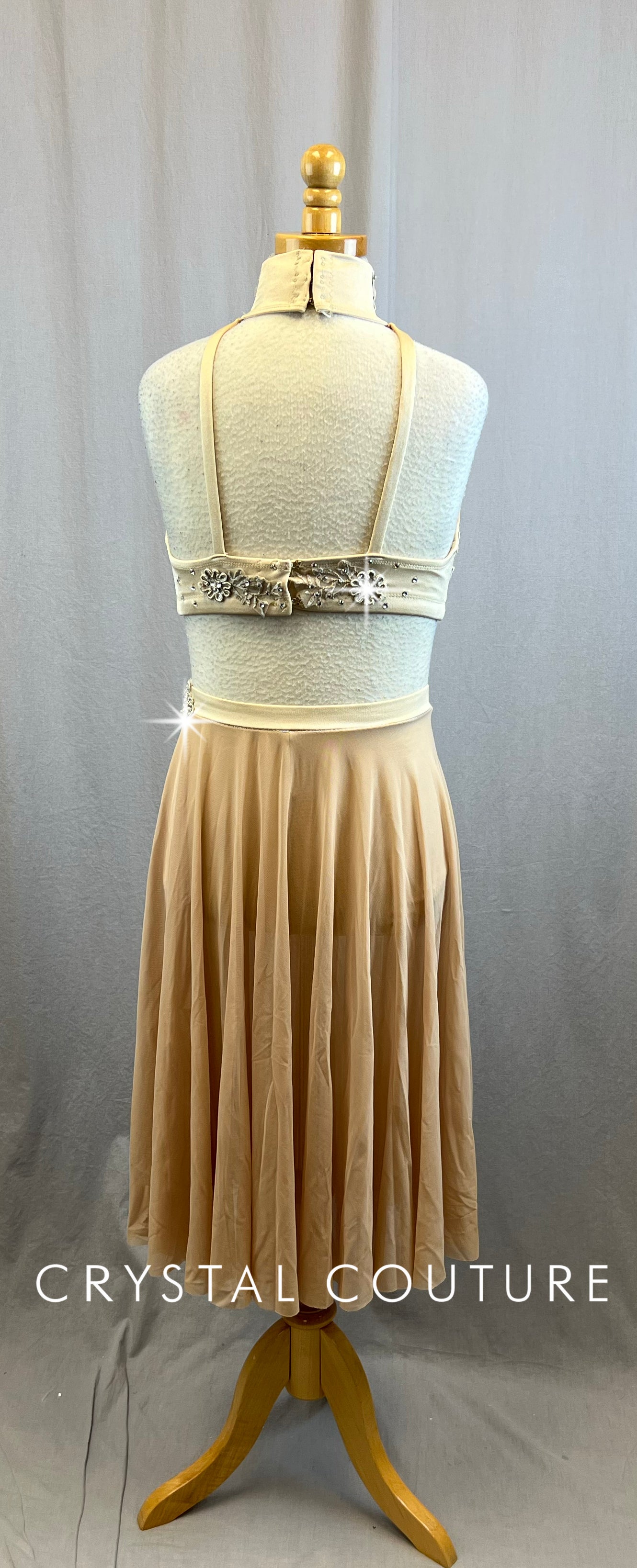 Custom Sand/Tan High Neck Top and Skirt Two-Piece Set - Rhinestones