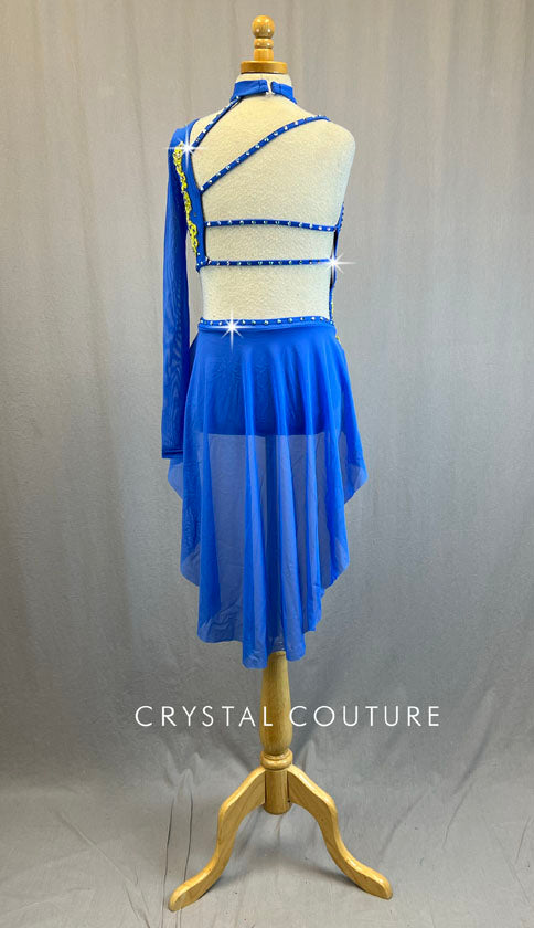 Ocean Blue Cutout Leotard with Back Skirt and Yellow Appliques - Rhinestones