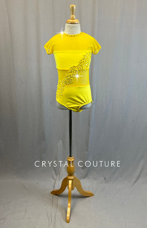 Yellow Leotard with Chiffon Mesh Cutouts Crystal Couture Yellow Leotard with Chiffon Mesh Cutouts Crystal Couture