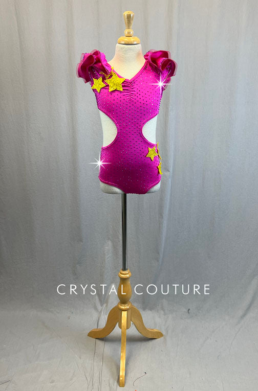 Hot Pink Cutout Leotard With Star Appliques and Rhinestones