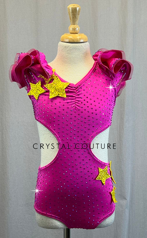 Hot Pink Cutout Leotard With Star Appliques and Rhinestones