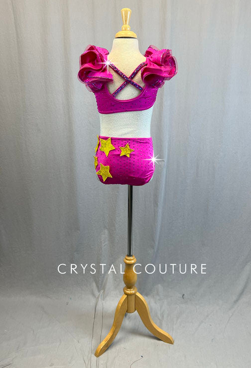Hot Pink Cutout Leotard With Star Appliques and Rhinestones