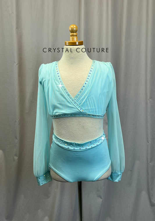 Light Blue Two-Piece with Mesh Ruched Top and High Waisted Brief - Rhinestones