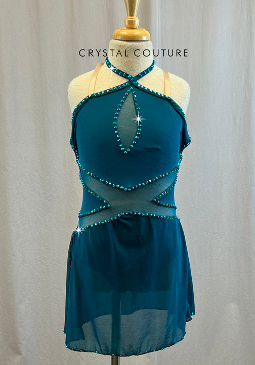 Teal Lycra Dress with Mesh Cutouts and Mesh Overlay Slit Skirt - Rhinestones