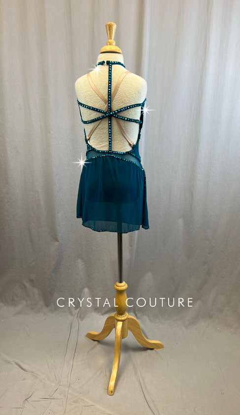 Teal Lycra Dress with Mesh Cutouts and Mesh Overlay Slit Skirt - Rhinestones