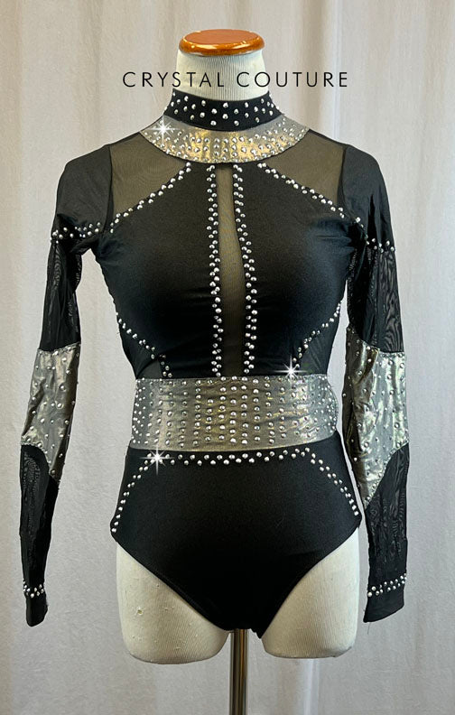 Black Leotard with Metallic Grey Accents and Mesh Cutouts - Rhinestones