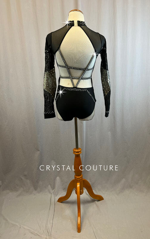 Black Leotard with Metallic Grey Accents and Mesh Cutouts - Rhinestones