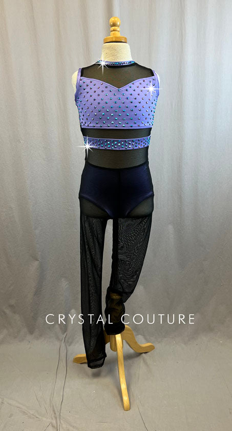 Lavender Lycra and Black Mesh Unitard with Open Back - Rhinestones