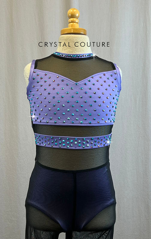 Lavender Lycra and Black Mesh Unitard with Open Back - Rhinestones