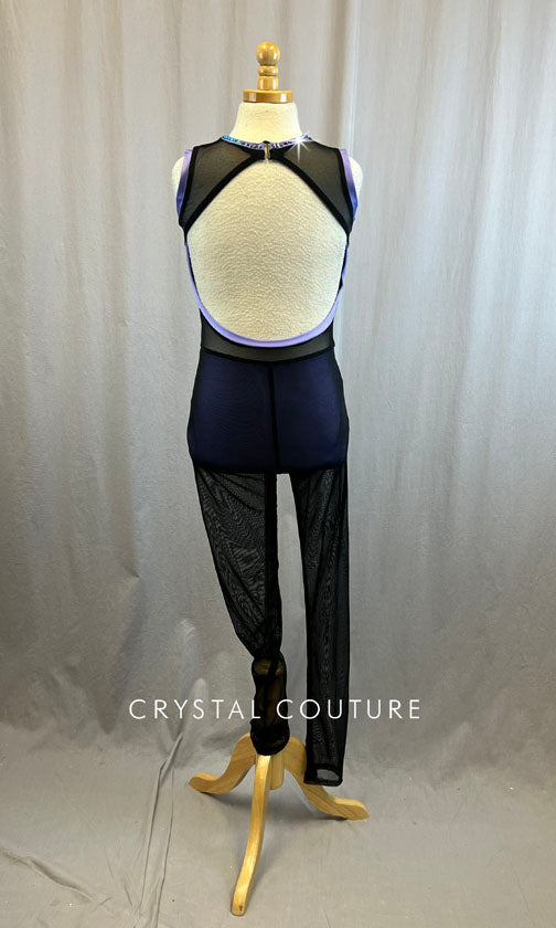 Lavender Lycra and Black Mesh Unitard with Open Back - Rhinestones