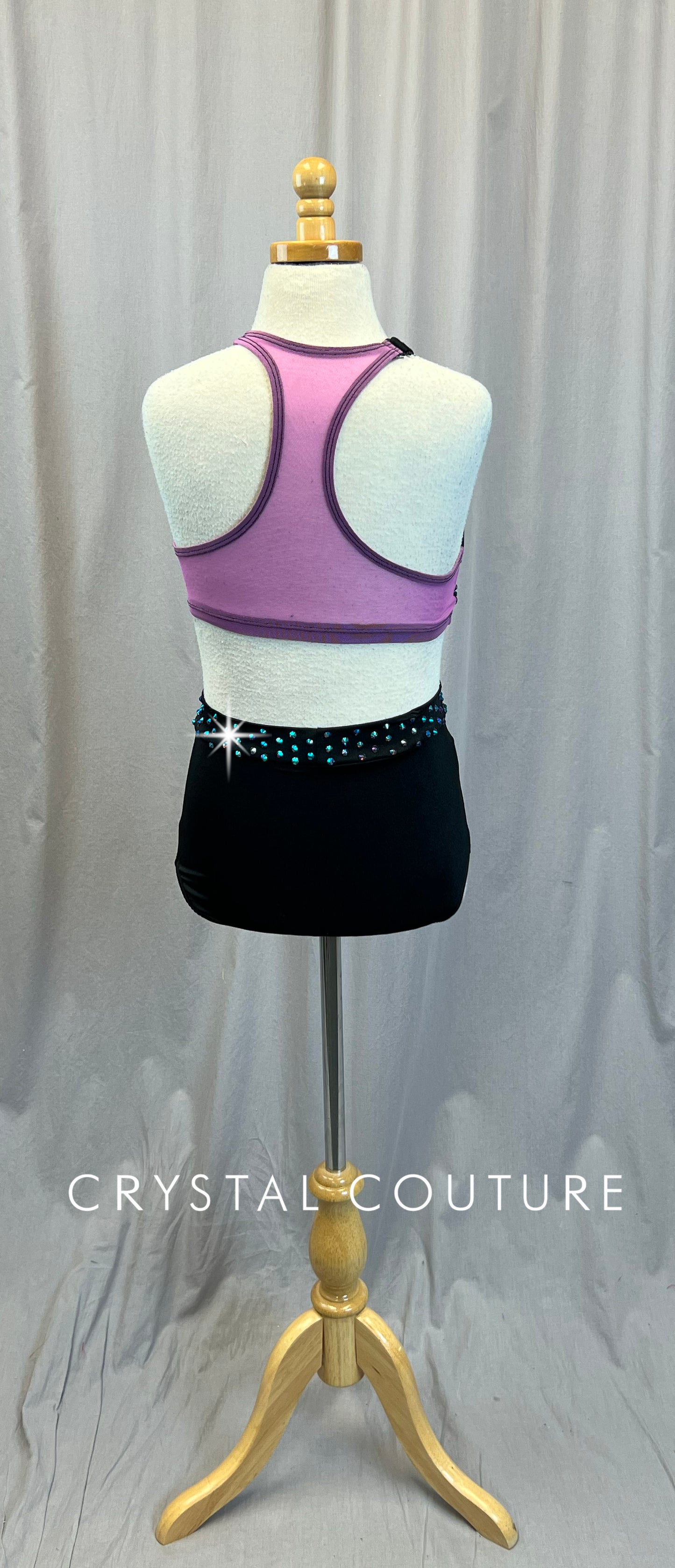 Black and Mauve Lycra and Mesh Top and Briefs Two-Piece Set - Rhinestone