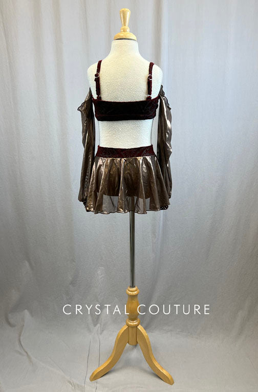 Maroon and Black Velvet Two Piece with Bronze Liquid Lame Chiffon