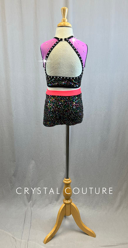 Multicolored Sequin Lycra Two Piece with Color Blocked Detail- Rhinestones