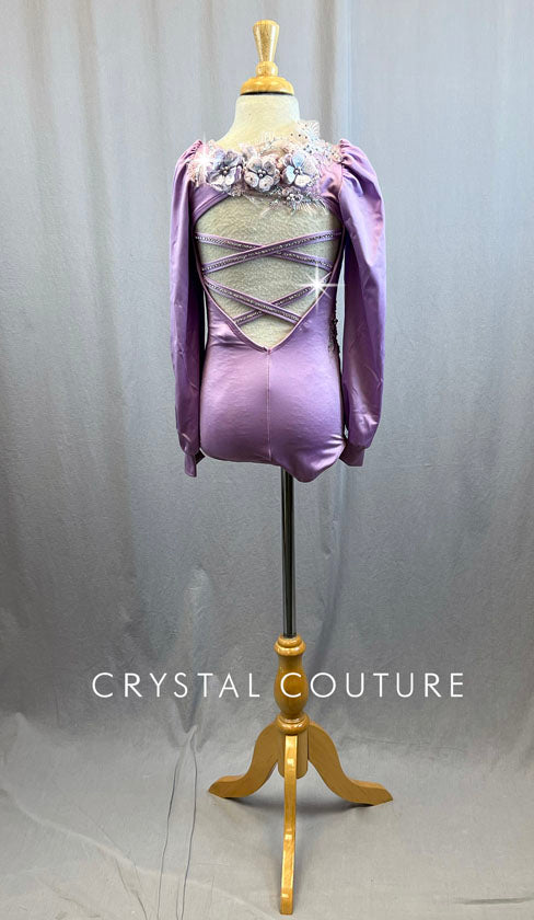 Lavender Long Puff Sleeve Leotard- Rhinestones