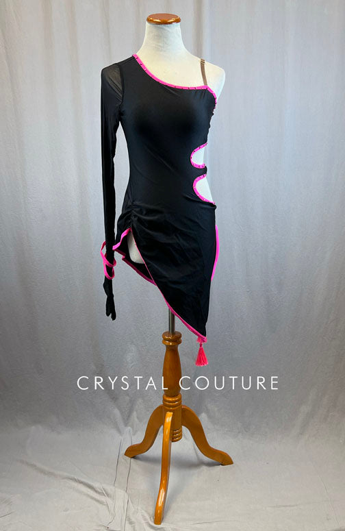Black and Hot Pink Trimmed Asymmetrical Dress