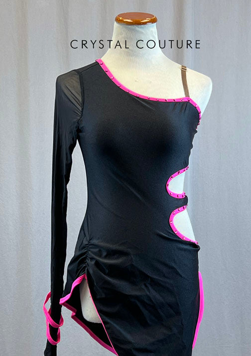 Black and Hot Pink Trimmed Asymmetrical Dress