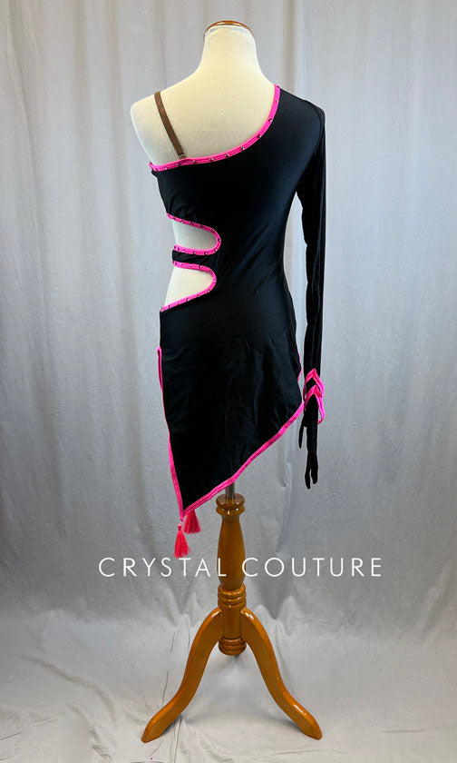 Black and Hot Pink Trimmed Asymmetrical Dress
