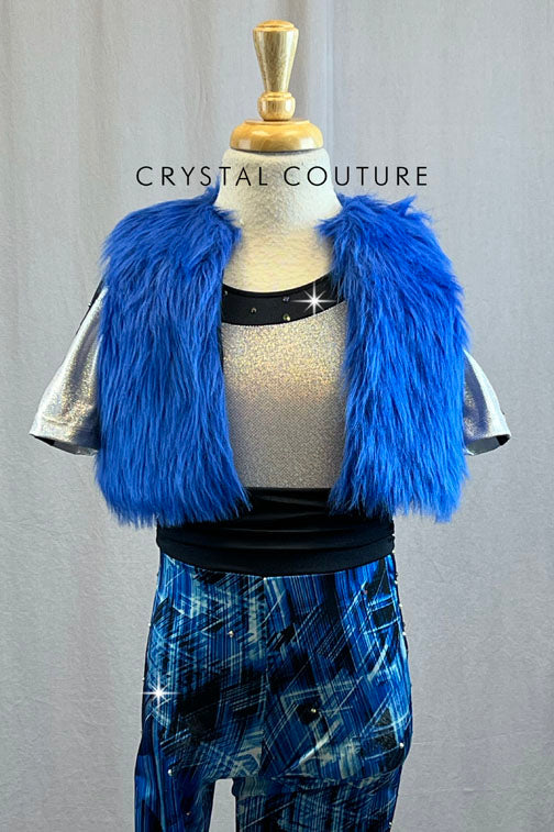 Blue Black and White Print Lycra Bodysuit with Blue Fur Vest