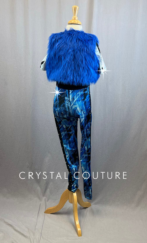 Blue Black and White Print Lycra Bodysuit with Blue Fur Vest