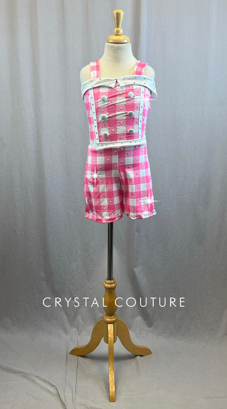 Baby Pink and White Checkered Romper with Buttons