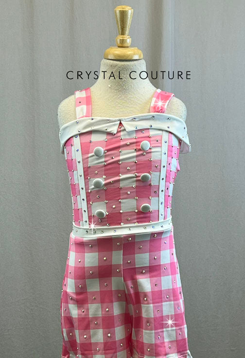 Baby Pink and White Checkered Romper with Buttons