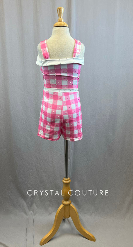 Baby Pink and White Checkered Romper with Buttons