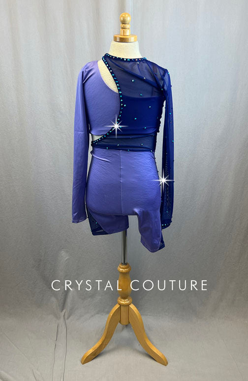 Lavender Two Piece Biketard With One Sleeve Lycra Top- Rhinestones