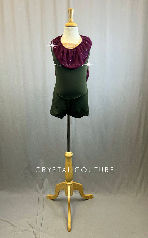 Army Green Biketard with Plum Ruffle