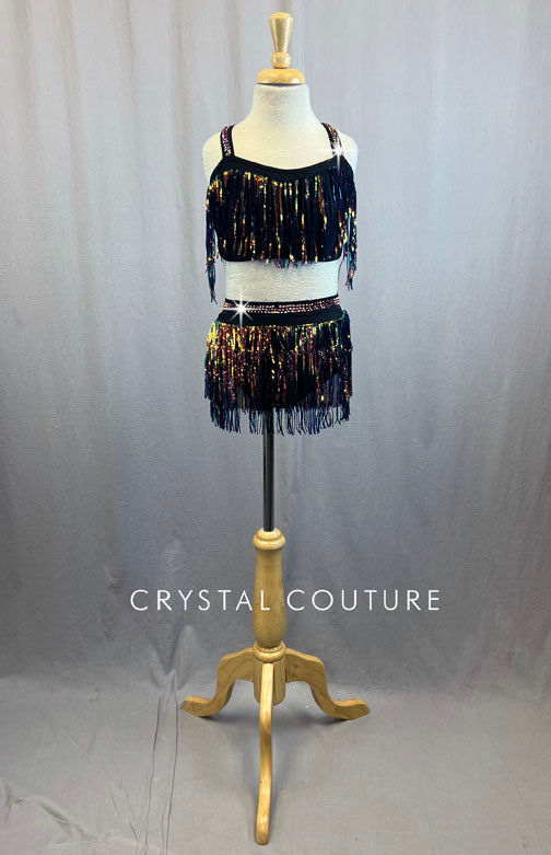 Black and Multicolored Sequin Fringe Two Piece Crystal Couture Black and Multicolored Sequin Fringe Two Piece Crystal Couture