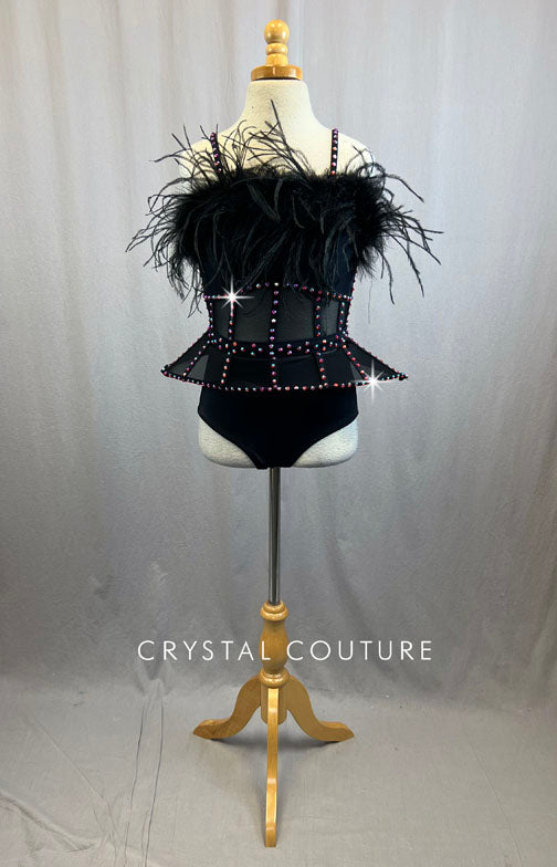 Black Peplum bustier Style Leotard With Feathers