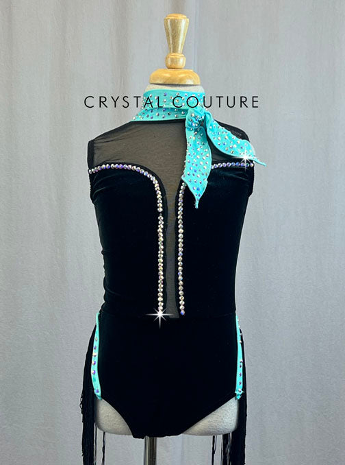 Black Velvet Leotard with Mint Green Trim and Rhinestones